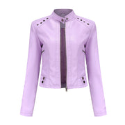 Studded Leather Women Short Jacket Long Sleeves