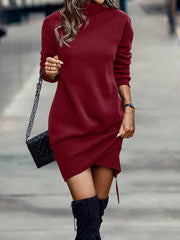 Long Sleeve Dress Solid Color High Neck Cross Short Dress Women's Clothing