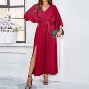 Fashion Bat Sleeve Long-sleeved V-neck Dress With Split Design Temperament Loose High Waist Lace-up Long Dresses Women Clothing