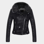 DETACHABLE FUR COLLAR WARM FAUX LEATHER JACKET