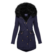 Women's Solid Collar Hooded Mid-length Warm Cotton Coat