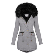 Women's Solid Collar Hooded Mid-length Warm Cotton Coat