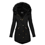 Women's Solid Collar Hooded Mid-length Warm Cotton Coat