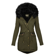 Women's Solid Collar Hooded Mid-length Warm Cotton Coat