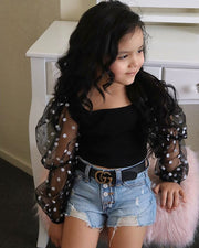 Children's Clothing Cotton Dot Mesh Sleeves Striped Top Ripped Denim Shorts Kids Suit