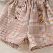 Girls' Autumn And Winter Suit Children High Neck Ribbing Top Plaid Woolen Shorts Trendy Two-piece Suit