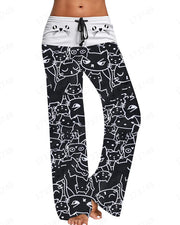 European And American Hot Digital Printing Cartoon Cat Pattern Bell-bottoms Wide Leg Pants For Women 5