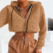 Hoodie Lamb wool Teddy Faux Fur Sweatshirt Long Sleeve Zip Up Crop Top Women Winter Fall Clothes Cute Streetwear