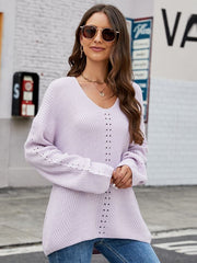 Long Sleeve Sweater With Pocket Solid Color V-neck Pullover Knitwear Women Tops