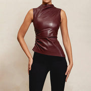 2024 New Leather Cascading Collar Personalized Waist Slant Sleeveless Top Women's Vest 2