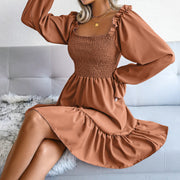 Flared Long Sleeve Dresses Women Square Neck Ruffled Swing Dress