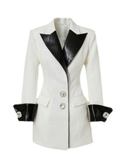 Contrast Leather Blazer Collar Diamond Jacket