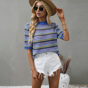 Women's Stitching Hollow Knitted Loose Round Neck Striped Sweater