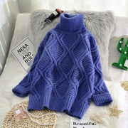 Plaid Turtleneck Knitted Women Sweaters Solid Thicken Warm Loose All Match Pulls Outwear Coat Tops