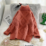 Plaid Turtleneck Knitted Women Sweaters Solid Thicken Warm Loose All Match Pulls Outwear Coat Tops