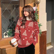 Red Christmas Tree Jacquard Warm Sweater Women