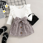 Girls' Autumn And Winter Ruffled Long Sleeve Leopard Print Short Skirt Two-piece Set Little Kids' Suit