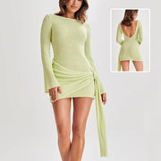 Fashion Slim Long-sleeved Dress Y2K Sexy Hip-hugging V-shaped Backless Short Dresses Womens Clothing