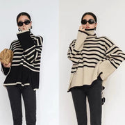 Fashion Striped Turtleneck Sweater Casual Loose Slit Design Sweater Winter Tops Women's Clothing