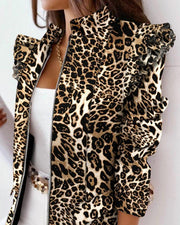 Check Leopard Print Zip Ruffle Shoulder Jacket