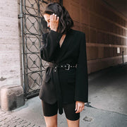 Black Long Blazer With Sashes Autumn Coat