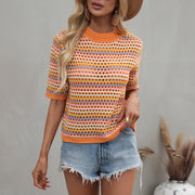 Women's Stitching Hollow Knitted Loose Round Neck Striped Sweater