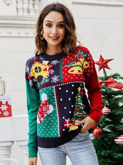 Women's Christmas Tree Snowflake Knitted Sweaters Long Sleeve Crew Neck Embroidery Pullover Knitwear Winter Tops Clothes