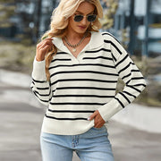 Casual V-neck Lapel Striped Sweater Fashion Long Sleeve Tops For Womens Clothing