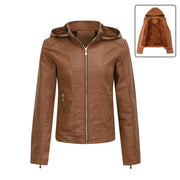 Plush Thickened Hooded Coat Winter Fashion Slim Zipper Leather Jacket With Pockets Long Sleeve Outwear Tops For Women's Clothing