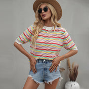 Women's Stitching Hollow Knitted Loose Round Neck Striped Sweater