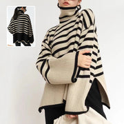 Fashion Striped Turtleneck Sweater Casual Loose Slit Design Sweater Winter Tops Women's Clothing