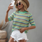 Women's Stitching Hollow Knitted Loose Round Neck Striped Sweater