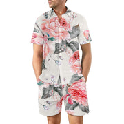 2Pcs Printed Beach Shirt Summer Suit Loose Lapel Button Top And Drawstring Pockets Shorts 2