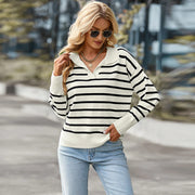 Casual V-neck Lapel Striped Sweater Fashion Long Sleeve Tops For Womens Clothing