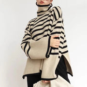 Fashion Striped Turtleneck Sweater Casual Loose Slit Design Sweater Winter Tops Women's Clothing