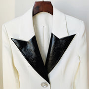 Contrast Leather Blazer Collar Diamond Jacket