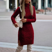 Fashion Turtleneck Knitted Dress With Slit Design Winter Warm Solid Color Pullover Long Sweater Women's Clothing