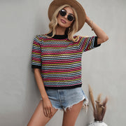 Women's Stitching Hollow Knitted Loose Round Neck Striped Sweater