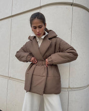 Winter Lapel Waisted Cotton Coat Fashion Solid Color Slim Overcoat Women's Clothing