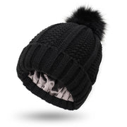 Fashion Stretchy Satin Lined Skull Knit Hats Beanie Hat For Women Faux Fur Hat Winter Keep Warming Beanie Hat