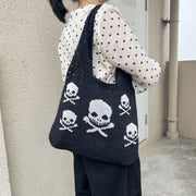 Halloween Skull Knitted Shoulder Bag Funny Personality Shopping Bags For Women Hollow Handbags