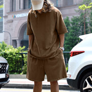 2pcs Loose Sports Suits Summer Round Neck Short-sleeved T-shirt And Drawstring Pockets Shorts Casual Solid Color Set Mens Clothing 3