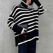 Fashion Striped Turtleneck Sweater Casual Loose Slit Design Sweater Winter Tops Women's Clothing