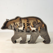 Christmas Decoration Wooden Animal Carving Handcraft Gift Wall Hanging Sculpture 3D Bear Deer Elk Art New Year Ornaments