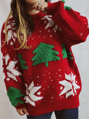 Women's Fashion Christmas Tree Jacquard Round Neck Long Sleeve Sweater