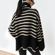 Fashion Striped Turtleneck Sweater Casual Loose Slit Design Sweater Winter Tops Women's Clothing