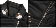 Giolshon Autumn Flowers Embroidery PU Leather Jacket Women