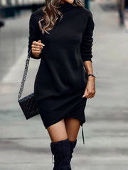 Long Sleeve Dress Solid Color High Neck Cross Short Dress Women's Clothing