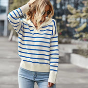 Casual V-neck Lapel Striped Sweater Fashion Long Sleeve Tops For Womens Clothing